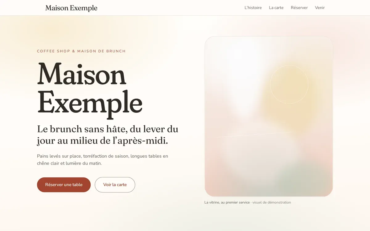 Page d’accueil du site Maison Exemple, coffee shop et maison de brunch.
