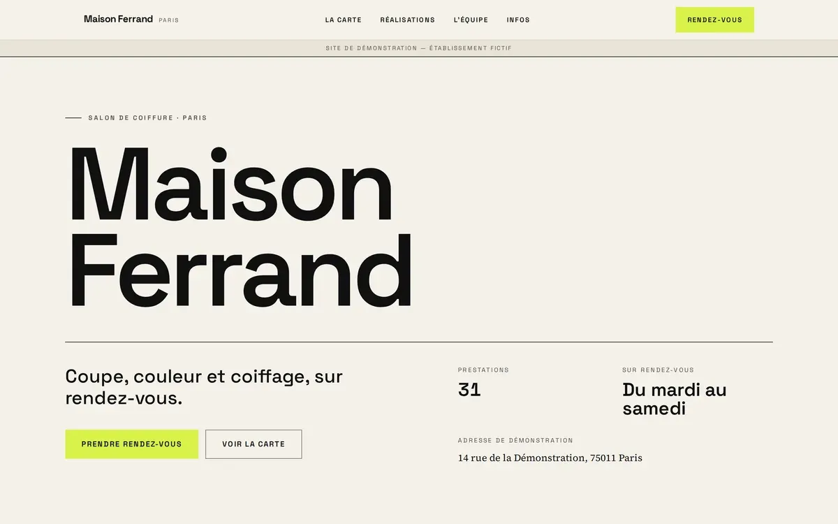 Page d’accueil du site Maison Ferrand, salon de coiffure.